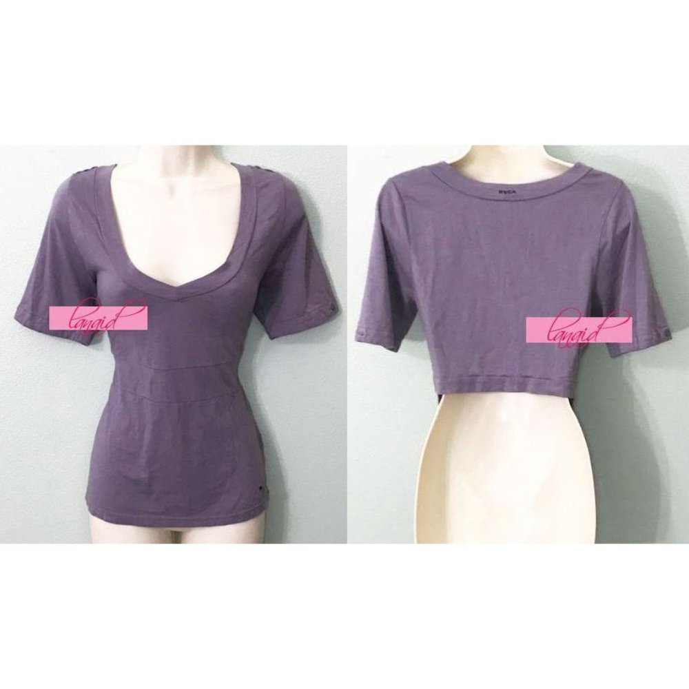RVCA Purple Open Cut-Out Cropped Back V-Neck Short Sleeve Backless Tee T-Shirt